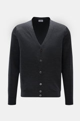 Front view of von Braun Merino cardigan anthracite mottled in pure merino wool, soft feel, very fine knit, regular fit, five-button placket with mother-of-pearl buttons, elasticated ribbed bands; fine knit transitional basic, perfect for office wardrobe.