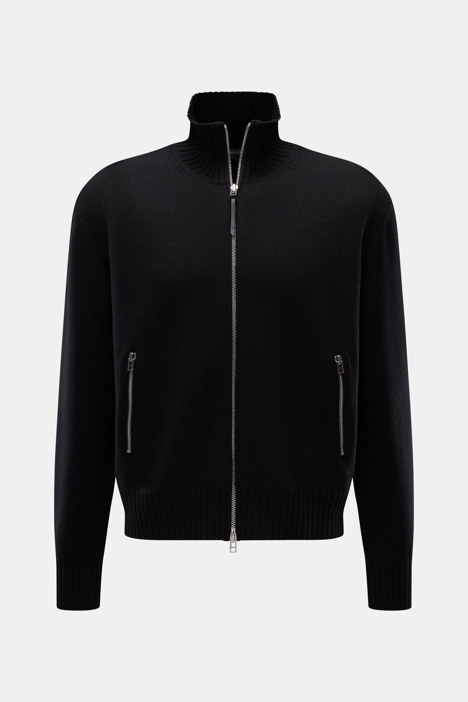 Alt tag (125 characters): Front view of Tom Ford Black Cardigan in black virgin wool with two-way zipper, ribbed cuffs, collar, and zippered pockets.

Description:  
<p>The stylish cardigan by TOM FORD is made from pure virgin wool and impresses with typi
