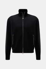 Tom Ford Strickjacke schwarz, Frontansicht, aus reiner Schurwolle mit Zwei-Wege-Reißverschluss, Lederdetails, Stehkragen und breiten Rippbündchen.