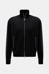 Tom Ford Strickjacke schwarz, Frontansicht, aus reiner Schurwolle mit Zwei-Wege-Reißverschluss, Lederdetails, Stehkragen und breiten Rippbündchen.