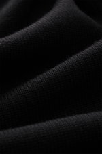 Nahaufnahme der Tom Ford Strickjacke schwarz aus reiner Schurwolle, mittelfeines Strickbild, weicher Griff, Detailansicht von oben.
