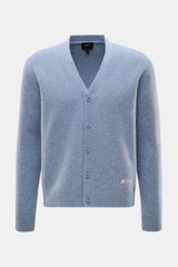 A.P.C. Cardigan 'Kevin' rauchblau meliert aus reiner Wolle, Regular Fit, mit V-Ausschnitt, Knopfleiste, Rippbündchen, frontal fotografiert.