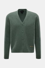 A.P.C. Cardigan 'Kevin' graugrün meliert, aus reiner Wolle, Regular Fit, mit Rundhalsausschnitt, Knopfleiste und Rippbündchen, Frontalansicht.