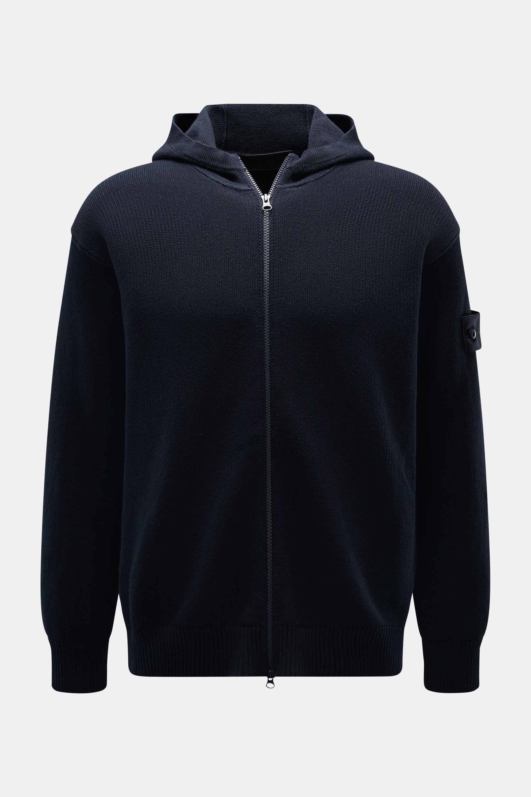 Stone Island Strickjacke 'Ghost Piece' navy, frontale Nahaufnahme, Kapuze, Zwei-Wege-Reißverschluss, Badge am Oberarm, Baumwolle-Cashmere-Mix, Regular Fit.