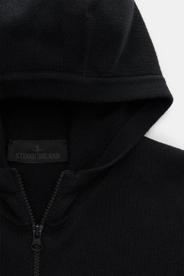 Stone Island Strickjacke 'Ghost Piece' schwarz, Nahaufnahme von Kapuze und Zwei-Wege-Reißverschluss, Baumwoll-Cashmere-Mix, Regular Fit.