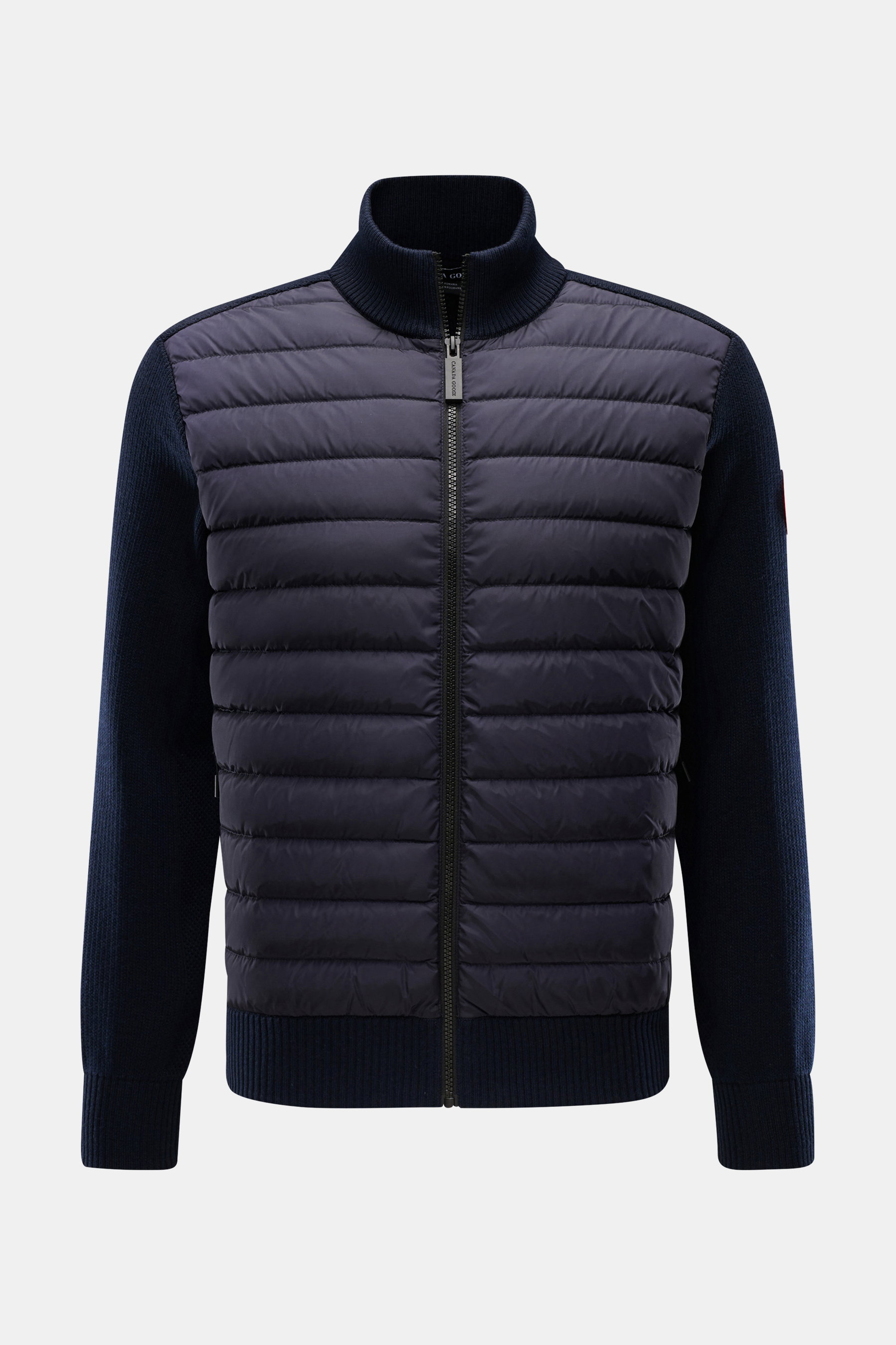 Canada Goose Strickjacke 'Hybridge Knit' navy, Frontansicht, Slim Fit mit Daunenfüllung, reiner Wolle, Stehkragen, Zipper-Taschen, Rippbündchen.