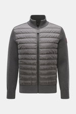 Canada Goose Cardigan 'Hybridge Knit' dark grey shown from the front, featuring pure wool knit sleeves and back, textured touch, contrasting knit pattern, down front quilted microfibre with robust zip, high-closing standing collar, woven label on the uppe