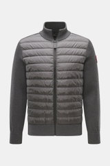 Canada Goose Cardigan 'Hybridge Knit' dark grey shown from the front, featuring pure wool knit sleeves and back, textured touch, contrasting knit pattern, down front quilted microfibre with robust zip, high-closing standing collar, woven label on the uppe