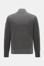 Canada Goose Cardigan 'Hybridge Knit' dark grey shown from the back, pure wool knit with textured touch and contrasting knit pattern, slim fit with ribbed bands. Make a smooth transition into the new season with the cardigan 'Hybridge Knit' from the outdo