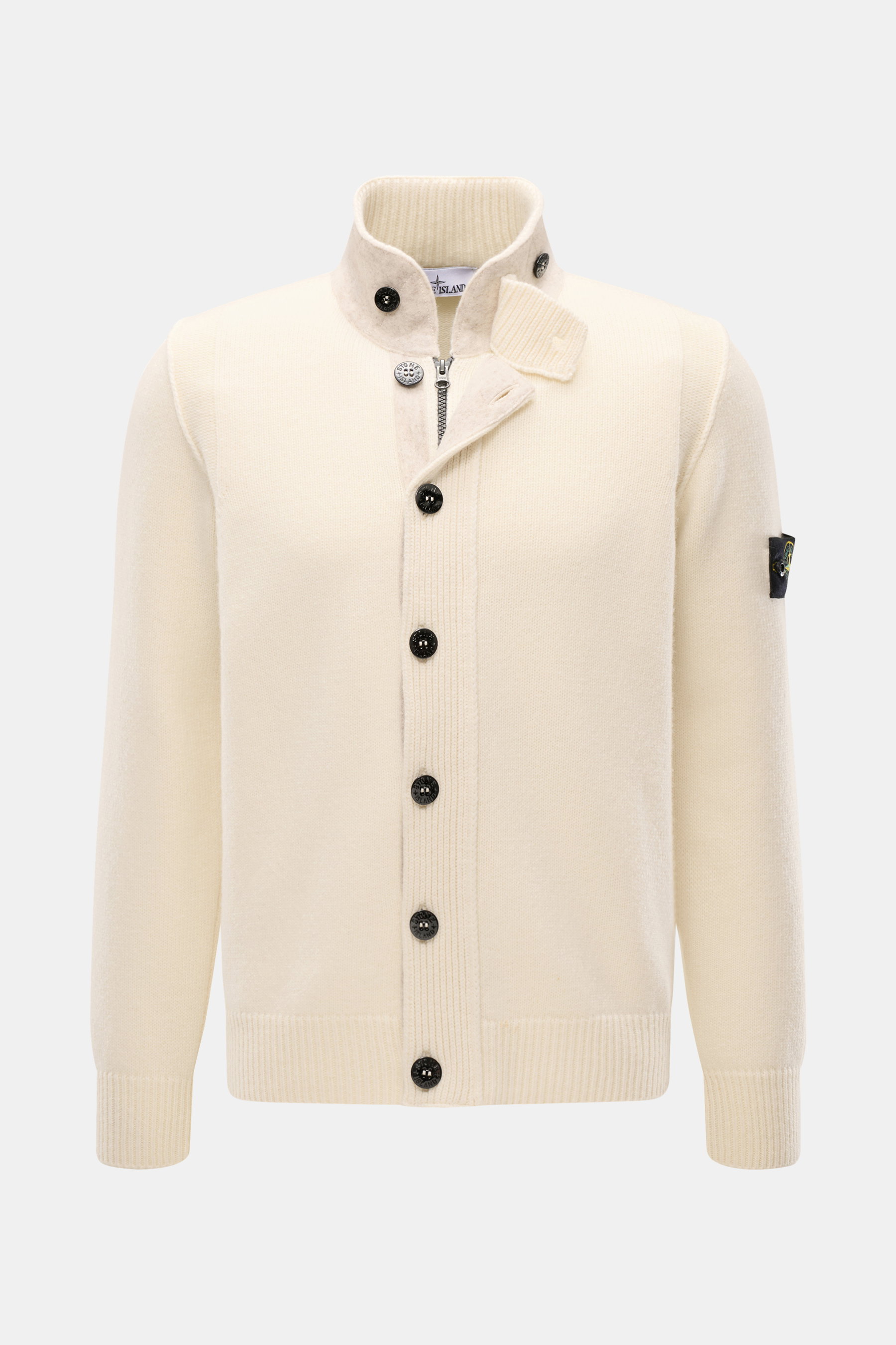 Stone Island Cardigan 'Lambswool' cream shown from front, featuring wool blend knitwear, standing collar with embossed buttons, zip, felt details, slim fit, and compass badge on upper sleeve.