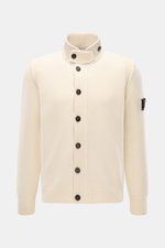 Stone Island Cardigan 'Lambswool' cream shown from front, slim fit wool blend with standing collar, embossed buttons, zip, felt details, and compass badge.