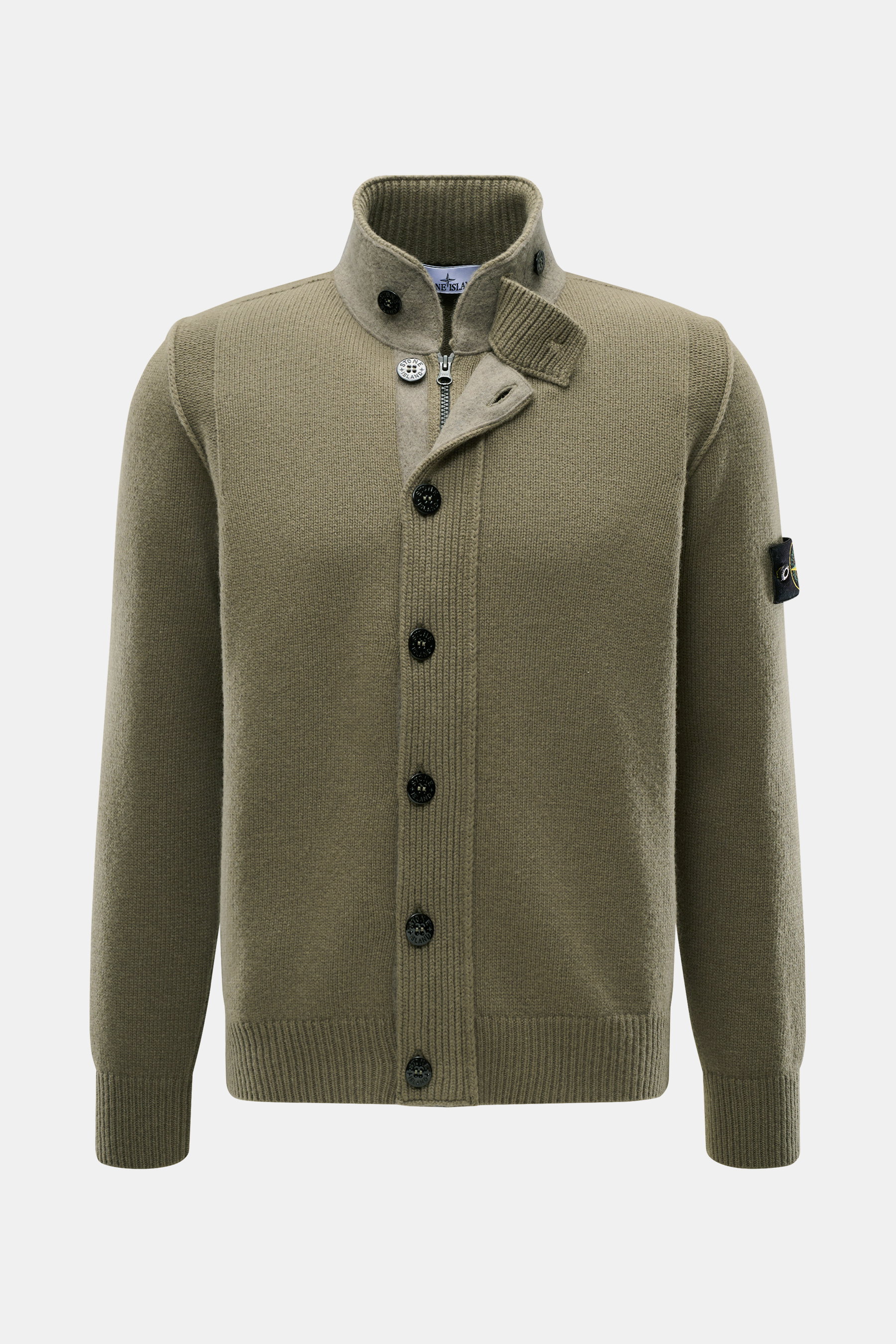 Stone Island Cardigan 'Lambswool' olive shown from the front, featuring a slim fit, standing collar with buttoned tab, two-way zip, felt details, embossed buttons, contrasting knit stripes, elasticated ribbed bands, and the iconic compass badge on the upp