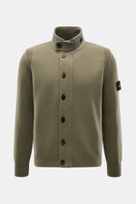 Front view of Stone Island Cardigan 'Lambswool' olive in warm wool blend with purl-knit sections, embossed buttons, felt details, and compass badge.