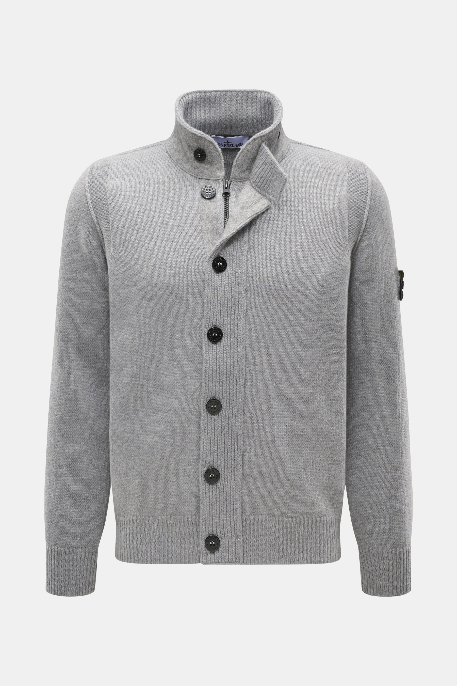 Stone Island Strickjacke 'Lambswool' grau meliert, Frontansicht, Wollmix mit Linksstrick, Knöpfen, Filz-Details, Zipper, Kompass-Badge, Slim Fit.