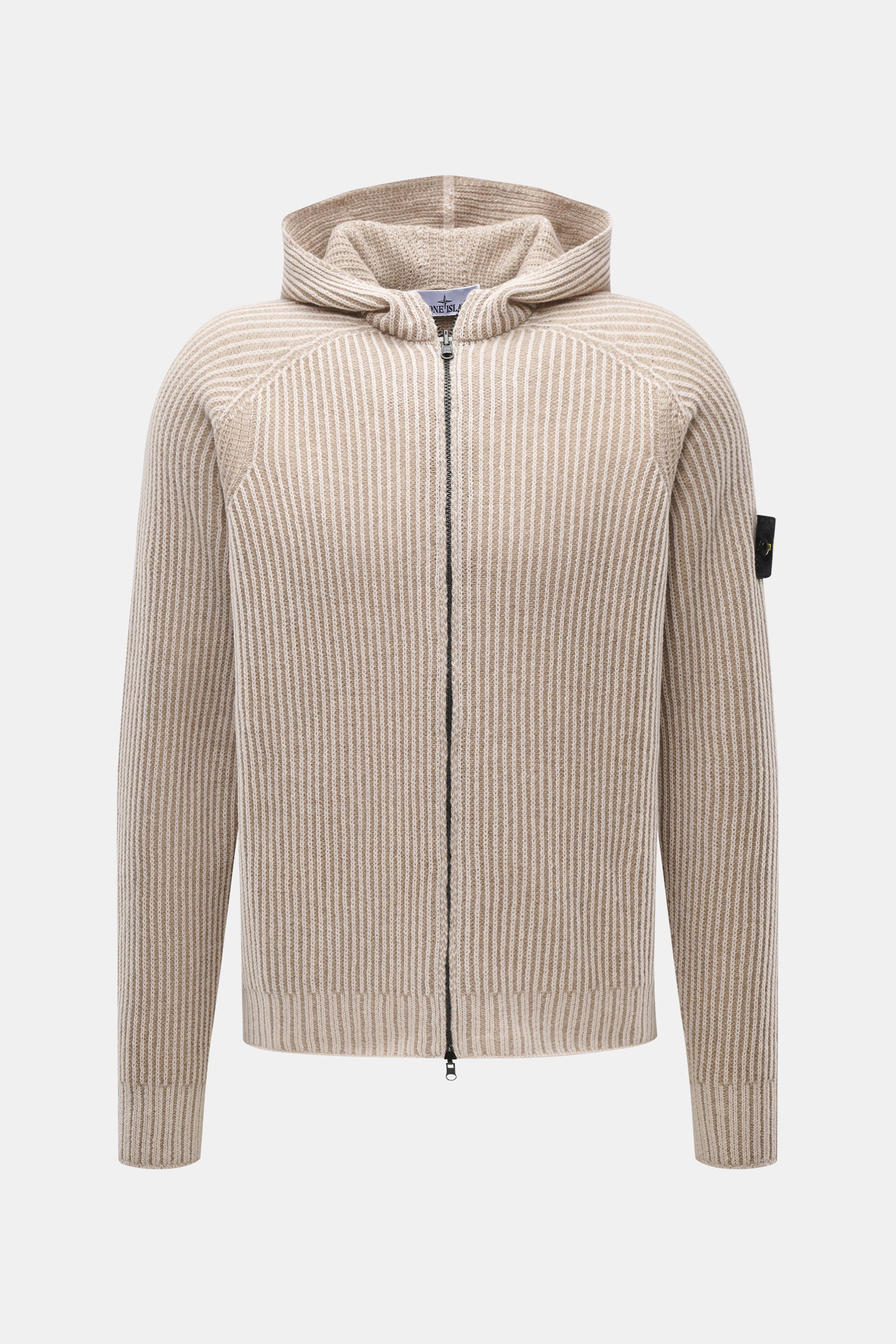Stone Island Wende-Strickjacke 'Vanise' beige/sand, frontal fotografiert, mit Kapuze, slim fit, Brioche-Strick aus Cashmere und Wolle, Zwei-Wege-Reißverschluss.