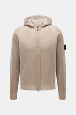 Stone Island Wende-Strickjacke 'Vanise' beige/sand, Frontansicht mit Kapuze, Brioche-Strick aus Cashmere, Slim Fit, Raglan-Ärmel, Kompass-Badge.