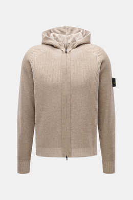 Stone Island Wende-Strickjacke 'Vanise' beige/sand, Frontansicht mit Kapuze, Brioche-Strick aus Cashmere, Slim Fit, Raglan-Ärmel, Kompass-Badge.