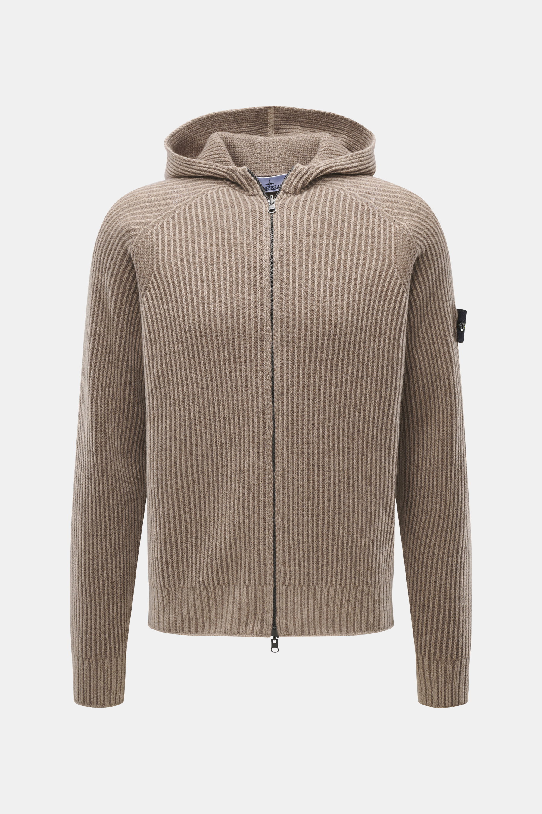 Stone Island Wende-Strickjacke 'Vanise' taupe/beige, frontal mit Kapuze, Slim Fit, Brioche-Strick aus Cashmere und Wolle, Zwei-Wege-Reißverschluss, Kompass-Badge am Ärmel.