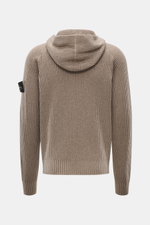 Stone Island Wende-Strickjacke "Vanise" taupe/beige, Rückansicht mit Kapuze, Brioche-Strick aus Cashmere und Wolle, Slim Fit, Kompass-Badge am Ärmel.