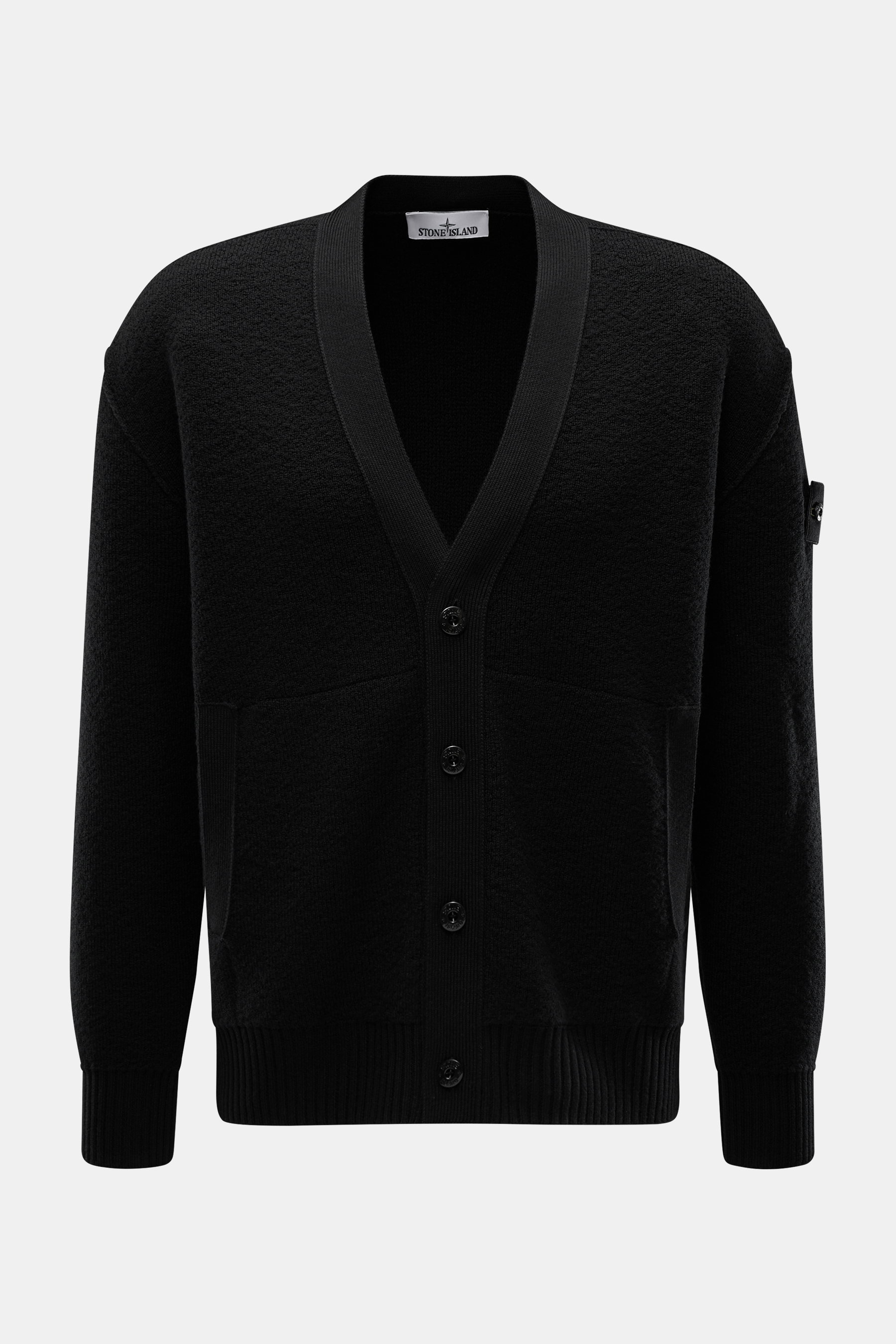 Alt tag (124 characters): Front view of Stone Island Cardigan black made of pure virgin wool with four-button placket, welt pockets, and ribbed cuffs.

Additional description:  
<p>Comfortable essential: The cardigan from STONE ISLAND made of pure virgin 