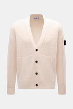 Stone Island Cardigan cream front view, pure virgin wool, soft touch, regular fit, four-button placket, welt pockets, compass badge, ribbed cuffs.