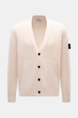 Stone Island Cardigan cream front view, pure virgin wool, soft touch, regular fit, four-button placket, welt pockets, compass badge, ribbed cuffs.
