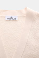 Stone Island Cardigan cream close-up from above showing pure virgin wool knit, soft touch ribbed collar, and brand label.