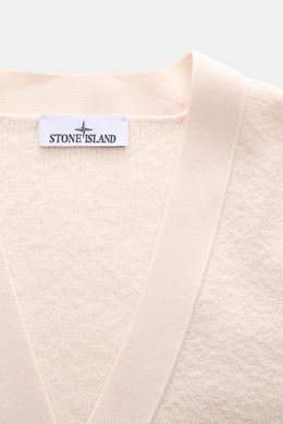 Stone Island Cardigan cream close-up from above showing pure virgin wool knit, soft touch ribbed collar, and brand label.