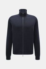 Emporio Armani Strickjacke navy aus reiner Schurwolle, weicher Griff, mittelgrobes Patent-Strickmuster, tonale Strukturstreifen, Regular Fit, Stehkragen, Zwei-Wege-Reißverschluss, verdeckte Fronttaschen, tonales Logo-Stitching, Zungenraglan-Ärmel, Rippbün