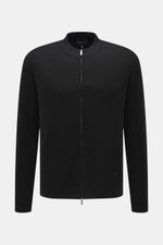 Front view of Emporio Armani Cardigan black in pure virgin wool with subtle textured knit, ribbed collar and cuffs, two-way zipper.