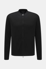 Front view of Emporio Armani Cardigan black in pure virgin wool with subtle textured knit, ribbed collar and cuffs, two-way zipper.
