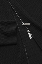 Close-up front view of Emporio Armani Cardigan black showcasing fine textured knit, ribbed cuffs, two-way zipper with logo, and soft virgin wool fabric.