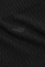 Close-up front view of the Emporio Armani Cardigan black, showcasing its fine textured knit pattern, logo stitching on hem, and ribbed fabric.