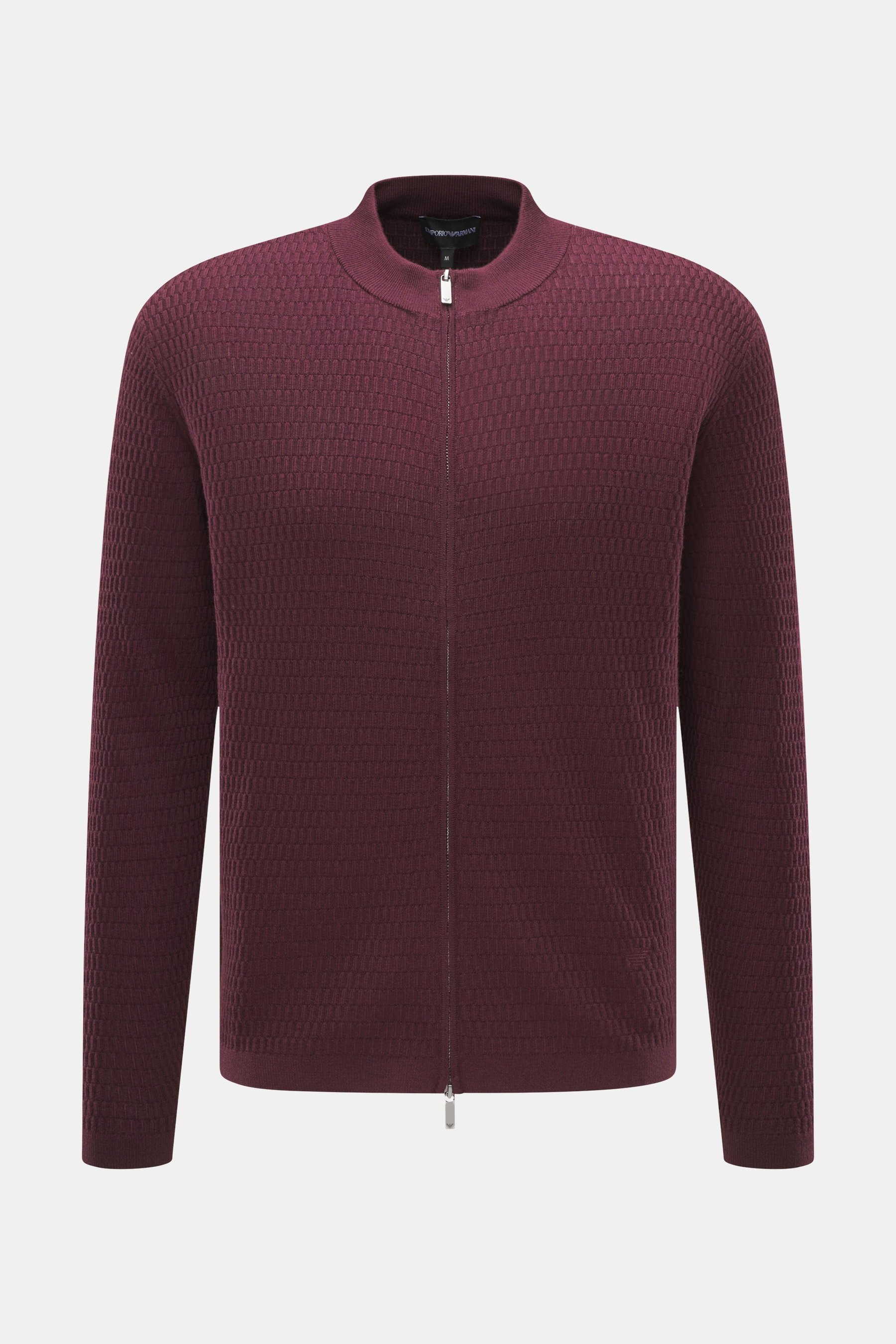 Emporio Armani Strickjacke bordeaux mit Strukturstrick, Stehkragen, Zwei-Wege-Reißverschluss, Rippbündchen, frontal, reine Schurwolle.