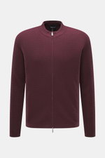 Front view of Emporio Armani Cardigan burgundy, a lightweight pure virgin wool garment with a subtle textured knit pattern, ribbed stand-up collar, two-way zipper, regular fit, logo stitching on hem, and comfortable ribbed cuffs, designed as a versatile c