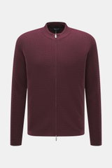 Front view of Emporio Armani Cardigan burgundy, a lightweight pure virgin wool garment with a subtle textured knit pattern, ribbed stand-up collar, two-way zipper, regular fit, logo stitching on hem, and comfortable ribbed cuffs, designed as a versatile c