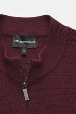Close-up front view of Emporio Armani Cardigan burgundy collar with two-way zipper, textured fine knit pattern, and logo stitching.