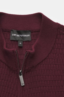 Close-up front view of Emporio Armani Cardigan burgundy collar with two-way zipper, textured fine knit pattern, and logo stitching.