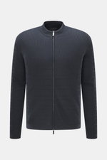 Front view of the Emporio Armani Cardigan navy, a lightweight pure virgin wool cardigan with a fine textured knit pattern, ribbed stand-up collar, two-way zipper, logo stitching on the hem, and ribbed cuffs, designed for a regular fit and soft touch.