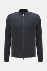 Front view of the Emporio Armani Cardigan navy, a lightweight pure virgin wool cardigan with a fine textured knit pattern, ribbed stand-up collar, two-way zipper, logo stitching on the hem, and ribbed cuffs, designed for a regular fit and soft touch.
