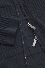 Close-up front view of Emporio Armani Cardigan navy showing fine textured virgin wool knit, ribbed cuffs, stand-up collar, and two-way zipper with logo.