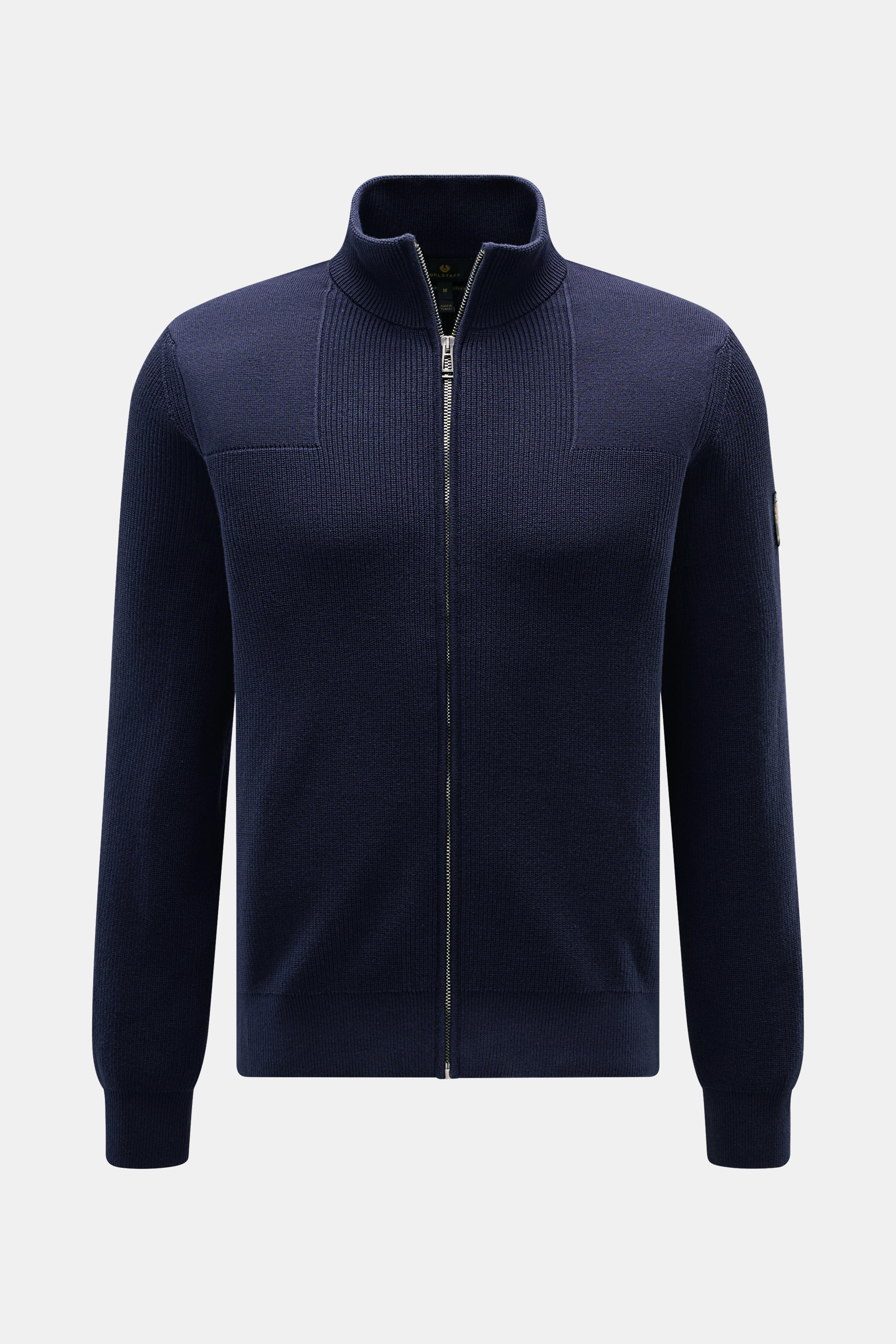 Belstaff Strickjacke 'Commander' navy, Vorderansicht, reine Baumwolle, leicht griffige Qualität, feines Strickbild, Patent-Strickmuster, Flachstrick-Details, Slim Fit, verdeckter Metall-Reißverschluss, gerippter Stehkragen, BELSTAFF-Weblabel am Oberarm, f