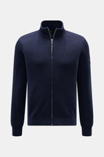 Front view of Belstaff Cardigan 'Commander' navy, pure cotton with slightly textured quality, fine rib stitch pattern, flat knit details, Slim Fit, concealed metal zipper, ribbed stand-up collar, BELSTAFF woven label on upper arm, and flexible ribbed cuff