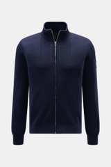 Front view of Belstaff Cardigan 'Commander' navy, pure cotton with slightly textured quality, fine rib stitch pattern, flat knit details, Slim Fit, concealed metal zipper, ribbed stand-up collar, BELSTAFF woven label on upper arm, and flexible ribbed cuff