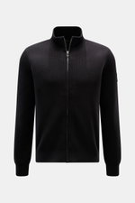 Front view of Belstaff Cardigan 'Commander' black in pure cotton with slightly textured quality, fine rib stitch pattern, flat knit details, slim fit, concealed metal zipper, ribbed stand-up collar, BELSTAFF woven label on upper arm, and flexible ribbed c