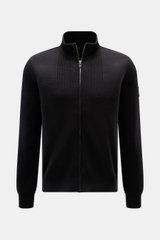 Front view of Belstaff Cardigan 'Commander' black in pure cotton with slightly textured quality, fine rib stitch pattern, flat knit details, slim fit, concealed metal zipper, ribbed stand-up collar, BELSTAFF woven label on upper arm, and flexible ribbed c