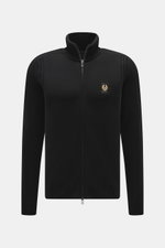 Front view of Belstaff Cardigan 'Watch' black, pure wool with soft touch, coarse knit pattern, rib knit elements, slim fit, stand-up collar, two-way zipper, BELSTAFF woven label on chest, flexible ribbed cuffs.