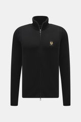 Front view of Belstaff Cardigan 'Watch' black, pure wool with soft touch, coarse knit pattern, rib knit elements, slim fit, stand-up collar, two-way zipper, BELSTAFF woven label on chest, flexible ribbed cuffs.