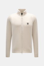 Front view of Belstaff Cardigan 'Watch' cream in pure wool with soft touch, coarse knit pattern, rib knit elements, slim fit, stand-up collar, two-way zipper, BELSTAFF woven label on chest, and flexible ribbed cuffs.