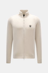 Front view of Belstaff Cardigan 'Watch' cream in pure wool with soft touch, coarse knit pattern, rib knit elements, slim fit, stand-up collar, two-way zipper, BELSTAFF woven label on chest, and flexible ribbed cuffs.
